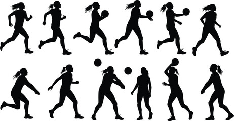Silhouettes, female athletes, handball, action poses, running, jumping, dynamic movement, isolated background, agility, power, coordination, energetic play, athletic motion, training exercises