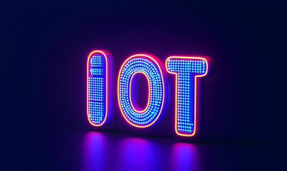 Illuminated IoT Sign with Neon Lights and Dark Background