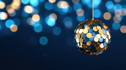 Disco ball ornament with shiny gold and blue reflective sequins hanging with blurred bokeh lights background creating festive