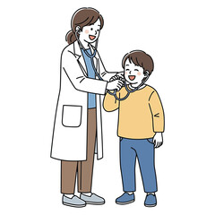 Female pediatrician listening to a young boy's heartbeat with a stethoscope.