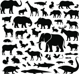 Silhouette collection of diverse wild animals, black vector shapes for nature design, wildlife icons, zoo creatures illustration, isolated symbols