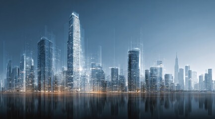 Fototapeta premium Futuristic city skyline reflected in water at dusk