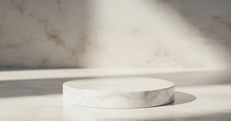 Podium mockup with a white marble pedestal placed in direct sunlight, casting organic shadows against a matching marble wall for a refined and luminous product scene.