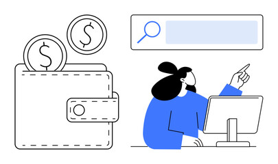 Person pointing at search bar next to wallet and coins symbolizing finance. Ideal for e-commerce, payment systems, money management, data search, fintech, personal finance, simple landing page