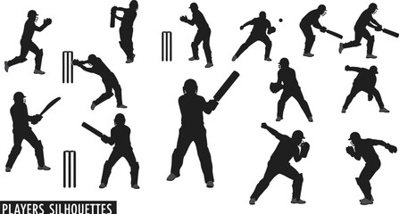 Cricket player silhouettes in action poses, batsman, bowler, fielder, wicketkeeper icons for sports design, vector illustration isolated