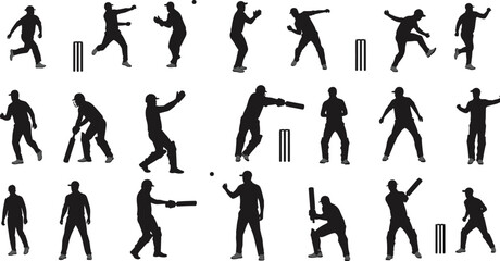 Cricket player silhouettes in dynamic action, ideal for sports design, vector art, stock image, athletic movement, and cricket illustration