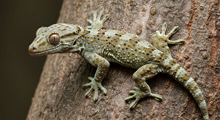 Naklejka premium Close-up of a gecko on a tree trunk