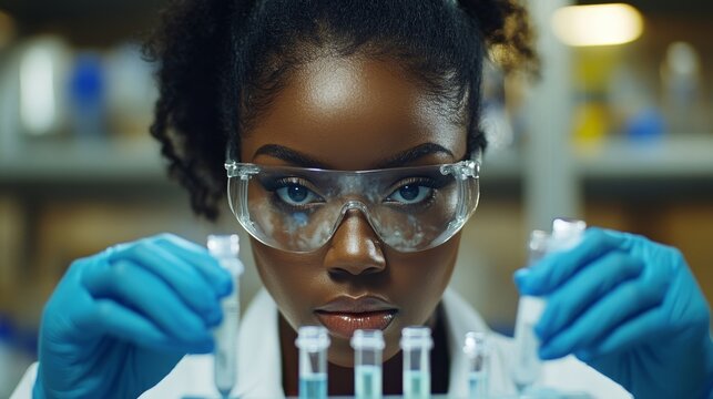 Candid Black pharmaceutical lab specialist analyzing medicine vials and hospital patient samples. African American female medical student working in a science laboratory on research, Generative AI