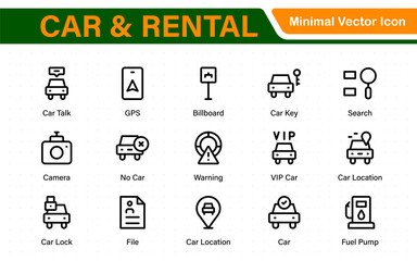 Car and rental icons in modern thin line style. Covers vehicle hire, transport services, road trips, navigation, fuel, maintenance, and car-related logistics.