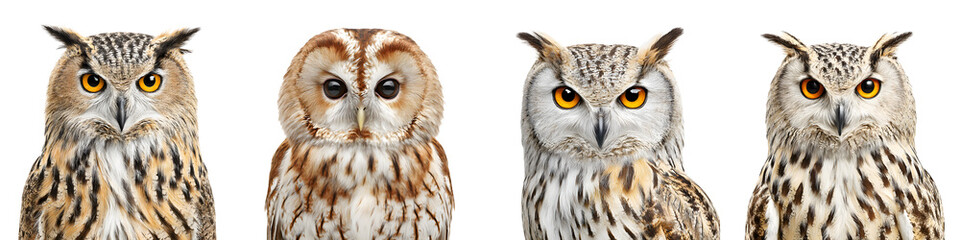 Fototapeta premium Owl Portrait Collection: Four Different Owl Species Isolated on White Background