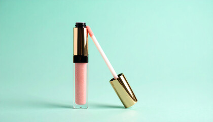 A single tube of pink-beige lip gloss with a gold cap rests diagonally on a soft mint green background, highlighting minimalist elegance and beauty style.