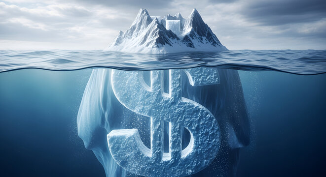 Dollar Sign Hidden Underwater Iceberg with Cloudy Sky Representing Financial Risks