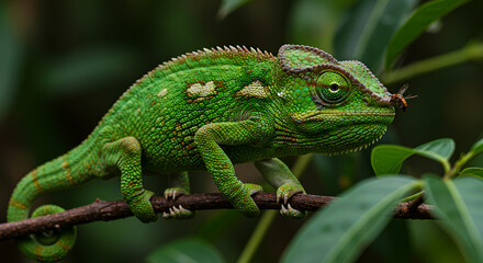 Fototapeta premium Close-up of a vibrant green chameleon on a branch