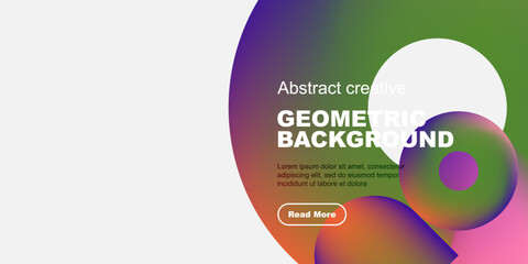 Abstract geometric background features vibrant color gradients, text, button. Modern design suitable for digital projects.