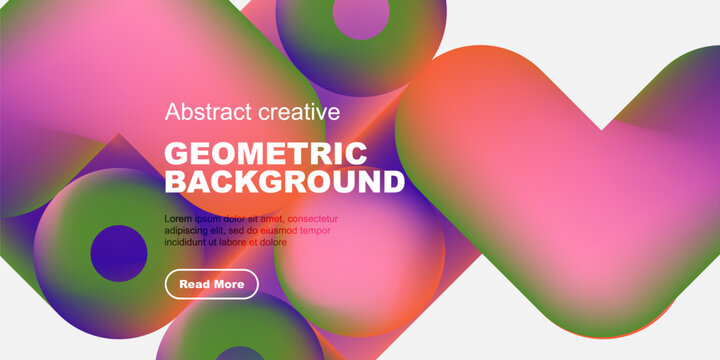 Vibrant abstract shapes overlap black background. Text promotes geometric design, includes call to action button. Colorful gradients dominate composition.