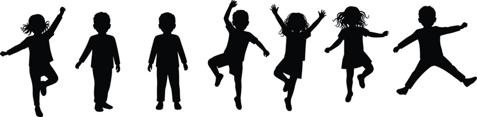 Joyful children jumping in silhouette, kids playing outdoors, energetic motion scene, fun youth activity, dynamic lively moment, happy childhood memories