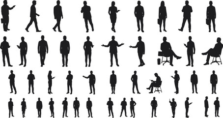 Silhouettes of business people in various poses, walking, talking, sitting, standing, professional team interaction, corporate office environment