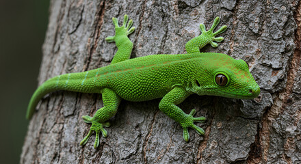 Fototapeta premium Green gecko on tree bark