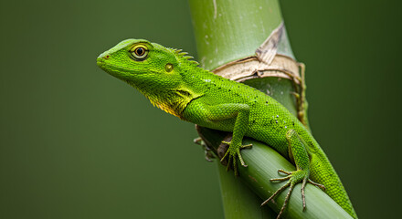 Fototapeta premium Green lizard on bamboo