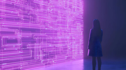 Intriguing Woman Gazing at Vibrant Neon Circuit Patterns on Wall