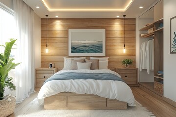 Scandinavian interior design for a modern bedroom, emphasizing simplicity and functionality, Generative AI