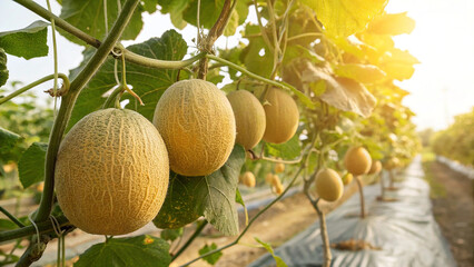 Cantaloupe Melons on tree branch in garden, Cantaloupe Melon on tree in natural warm background