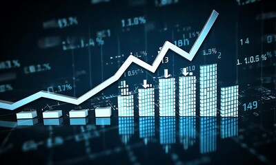 Digital background with digital numbers and graphs, an arrow pointing down to the right on top of a bar graph icon, a stock market concept, - Powered by Adobe