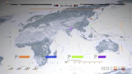 High-tech world map with data visualization interface and infographic overlays. Ideal for technology, statistics, and geographic analysis themes.
 - Powered by Adobe