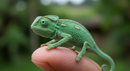 Tiny chameleon perched on finger