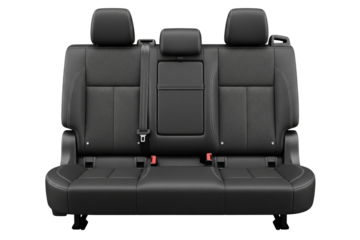 Black leather rear bench seat for a modern passenger vehicle isolated on a transparent background