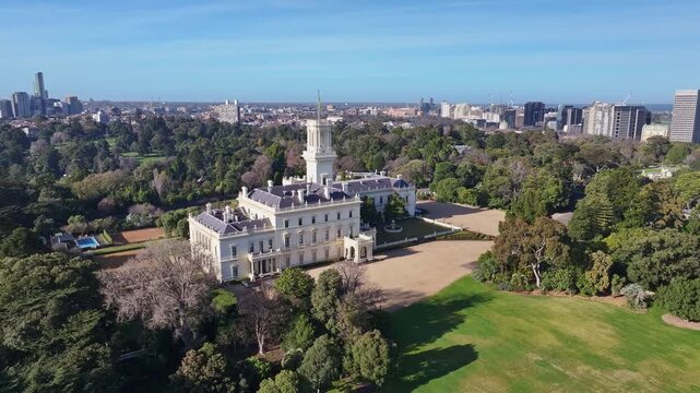 Overhead Melbourne Government House with lush gardens
