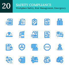 Safety Compliance Blue Fill Outline Icon Sheet Vector Design - represents workplace safety, risk management, emergency response, compliance documentation, and protective equipment