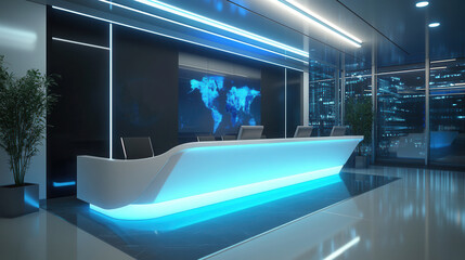 Tech company reception counter mockup future technology office lighting space workplace interior registration copy space desk design indoor decoration front view green plant decor