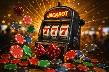 3d casino slot machine neon lights with flying chips and dice, gambling concept, showing winner combination of triple sevens in casino gambling game