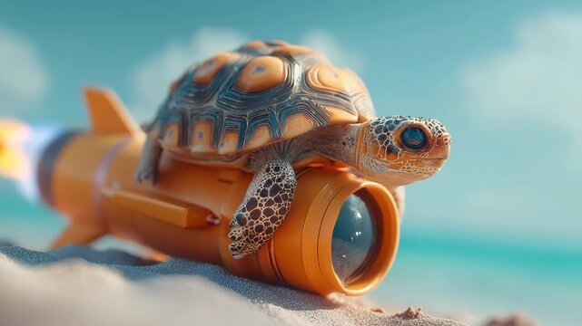 Whimsical journey of a turtle riding a rocket on a beach for concept of speed and progress