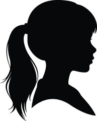 Silhouette of a woman with ponytail, side profile view, black and white illustration, isolated on white, vector graphic design