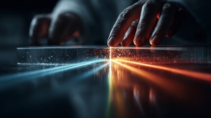 A close-up of a person's hands manipulating a transparent surface, creating vibrant beams of light in blue and orange hues, suggesting experimentation or technology.