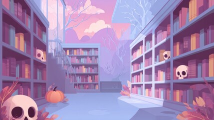 Enchanting Library Illustration: A whimsical library illustration with bookshelves filled with books, a mystical ambiance created by a beautiful and surreal scene, evoking a sense of peace and wonder.