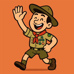 Obraz premium A cheerful cartoon male scout in uniform gives a high-five, showing energy and enthusiasm against a solid orange background.