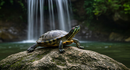 Obraz premium Turtle by a waterfall