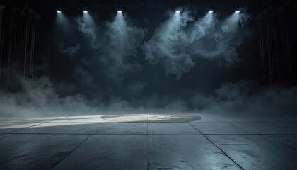Eerie and mysterious stage background showcasing a round platform illuminated by spotlights amidst rising clouds of mist and a tiled floor