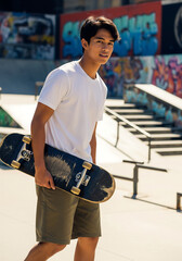 Young Man in White T-Shirt Holding Skateboard Outdoors