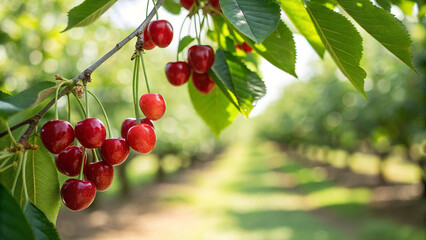 Cherry hanging on tree branch in garden, Cherries on tree in natural warm background