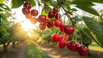 Cherry hanging on tree branch in natural warm view