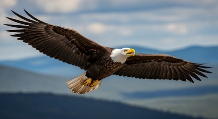 Naklejka premium A majestic bald eagle soars with wings spread wide, flying gracefully against a backdrop of blue mountains and a cloudy sky.