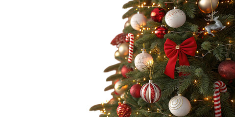 A beautifully decorated christmas tree with red and white ornaments candy canes and warm lights against a dark background evoking festive holiday cheer