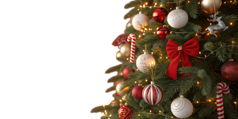 A beautifully decorated christmas tree with red and white ornaments candy canes and warm lights against a dark background evoking festive holiday cheer