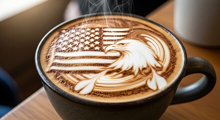 A patriotic morning coffee with intricate latte art of the American flag and a bald eagle, steaming in a dark cup on a wooden table.