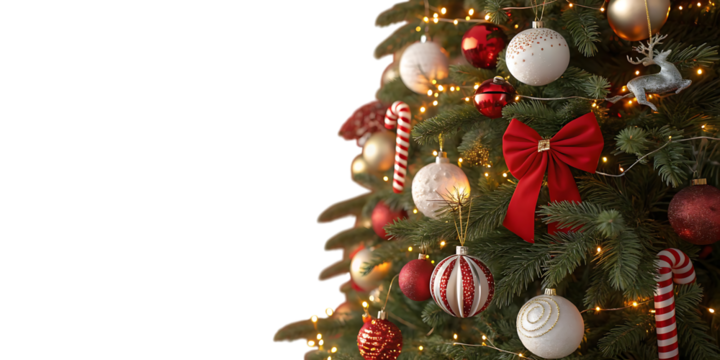 A beautifully decorated christmas tree with red and white ornaments candy canes and warm lights against a dark background evoking festive holiday cheer