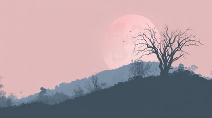 Tranquil Silhouette: A minimalist landscape silhouette of a leafless tree set against a pale pink sky, serene rolling hills under a radiant moon. Capturing the peace of nature